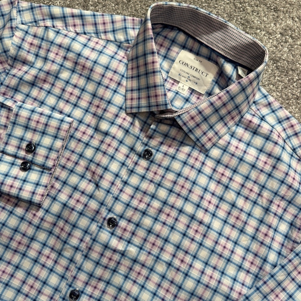 Con.Struct Shirt Mens L Blue Purple Plaid 4 Way Stretch Performance Slim Cooling